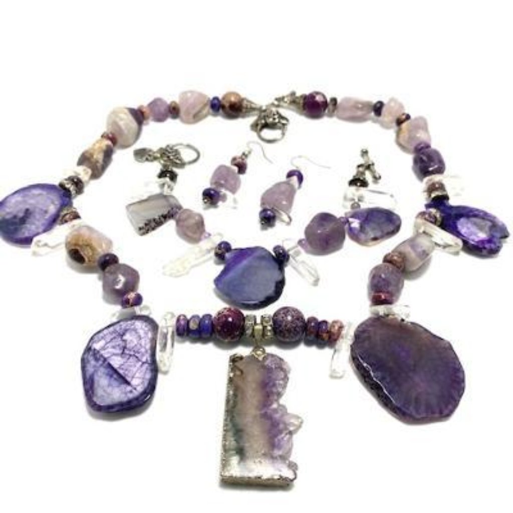 Handmade Jewelry Set By Surdigirl - Fluorite Crystal, Dyed Agate